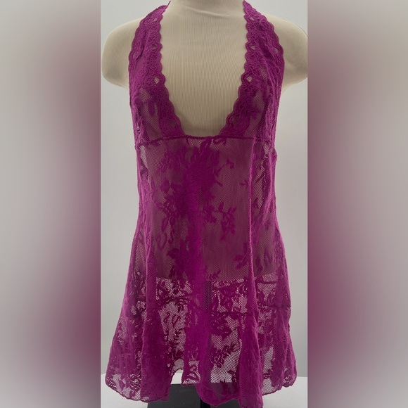 Victoria's Secret Other - Victoria’s Secret Purple Lace Semi Sheer Mesh Halter Style Nighty Size Large Y2K
